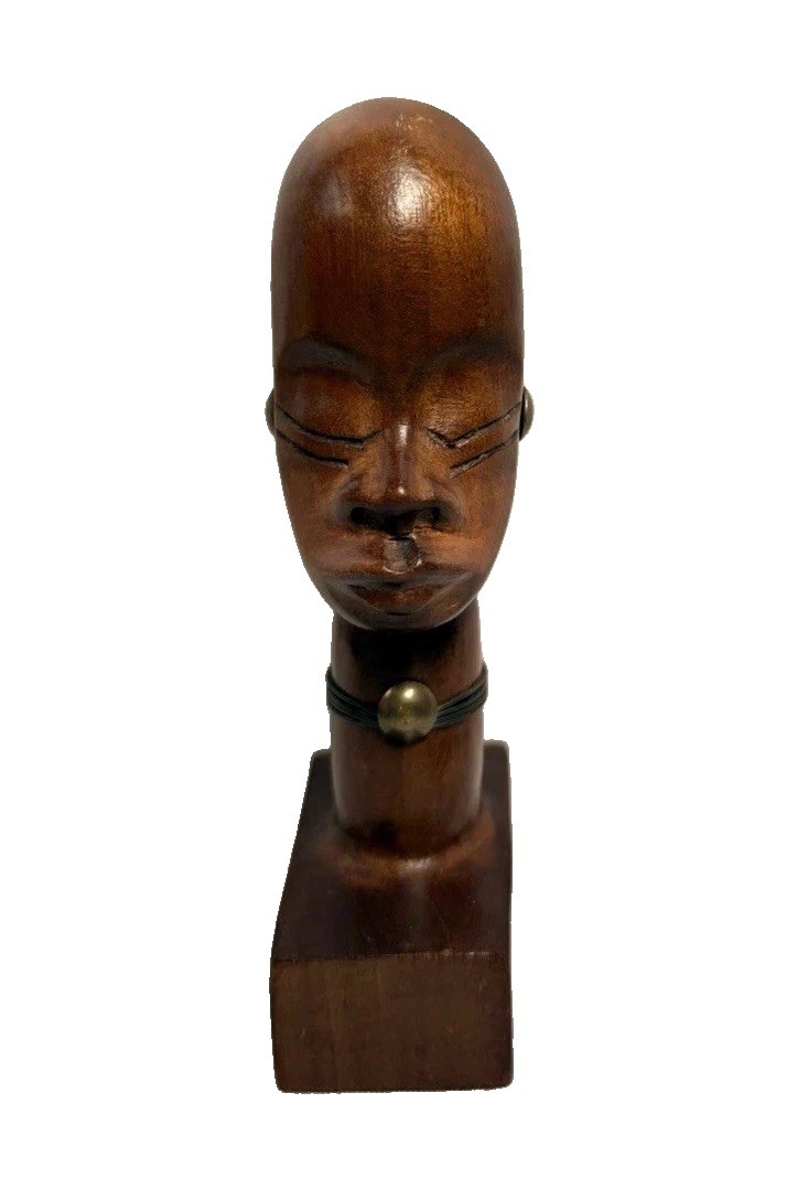 Vintage Wooden African Style Head Bust Sculpture Figurine Hand Carved Decor 8”