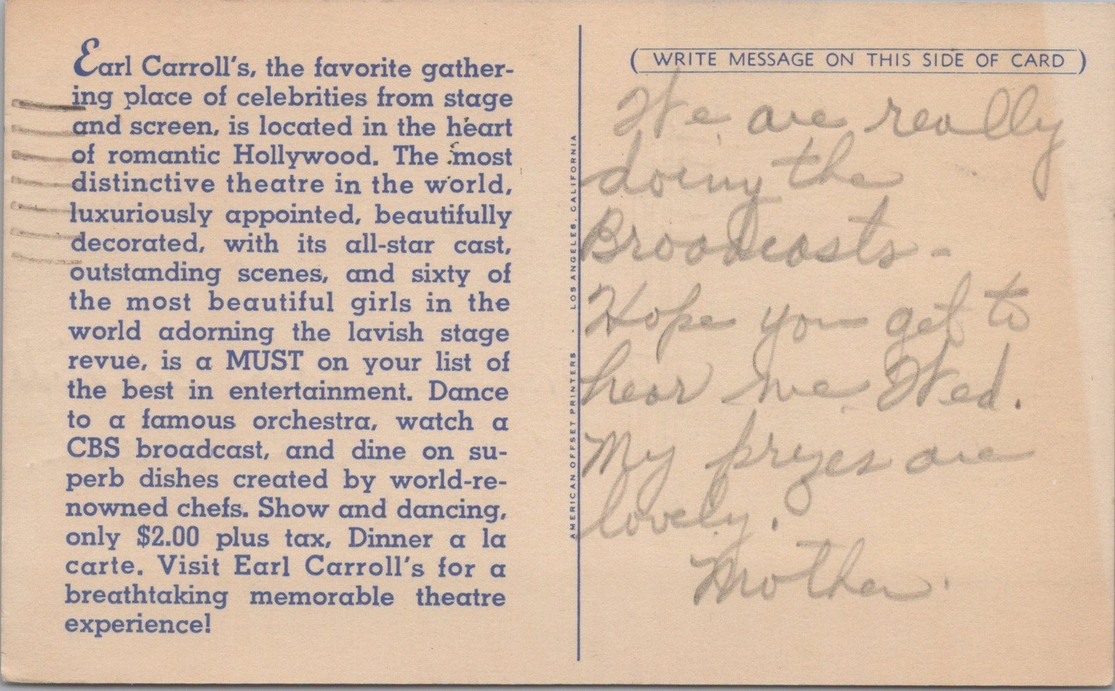 1949 Vintage Earl Carroll Theatre-Restaurant Hollywood CA Linen Postcard