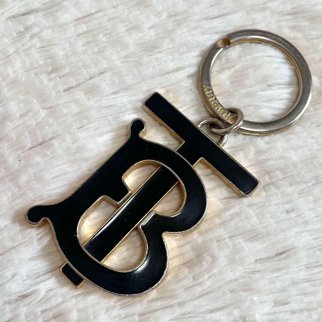 BURBERRY TB Logo Keychain Black Leather Jewelry AB Condition