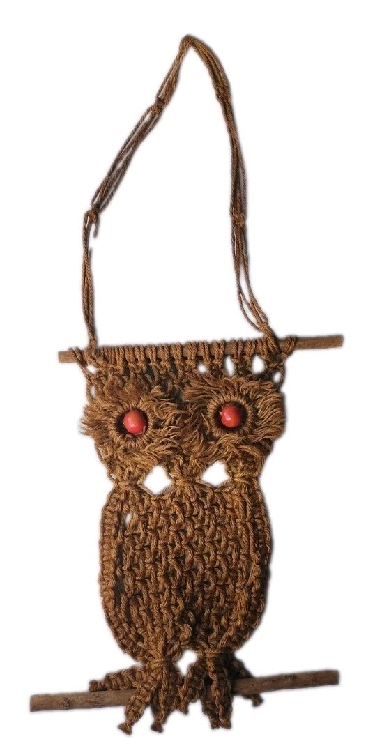 Vintage 1970's Boho Macrame Jute Bead Owl Wall Hanging Decor Folk Art