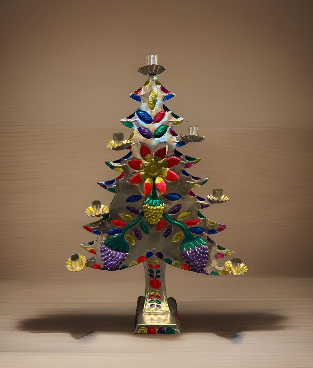 Vintage Mexican Tin Folk Art Christmas Tree Candle Holder Holiday Mexico 20”