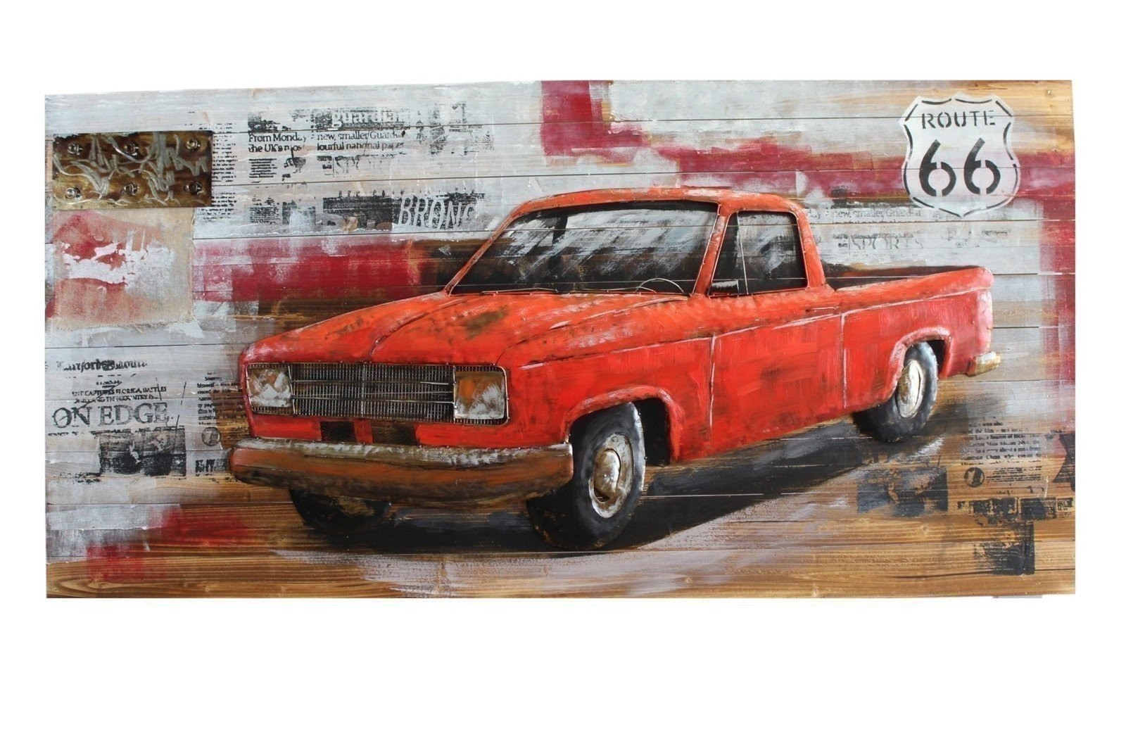 Vintage Red Pickup Truck Painting on Wood with Raised Metal 79