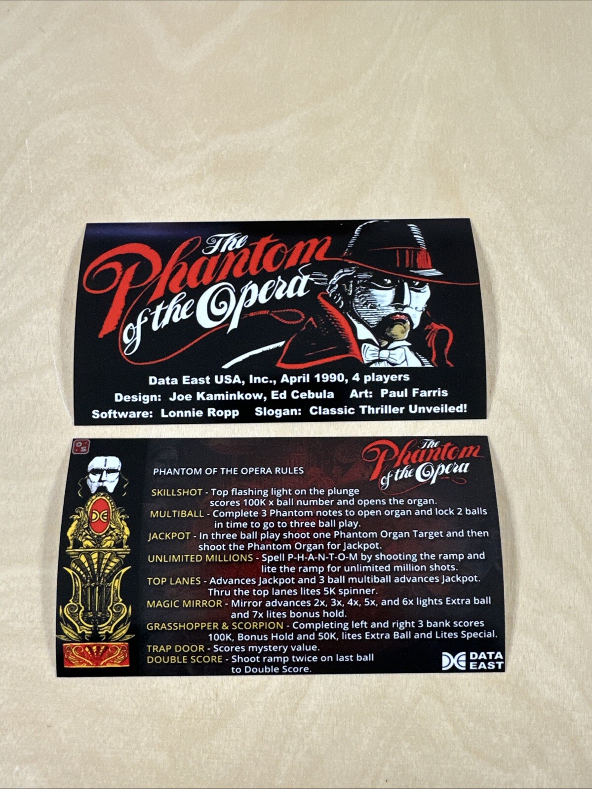 Data East Phantom Of The Opera Pinball Apron Cards
