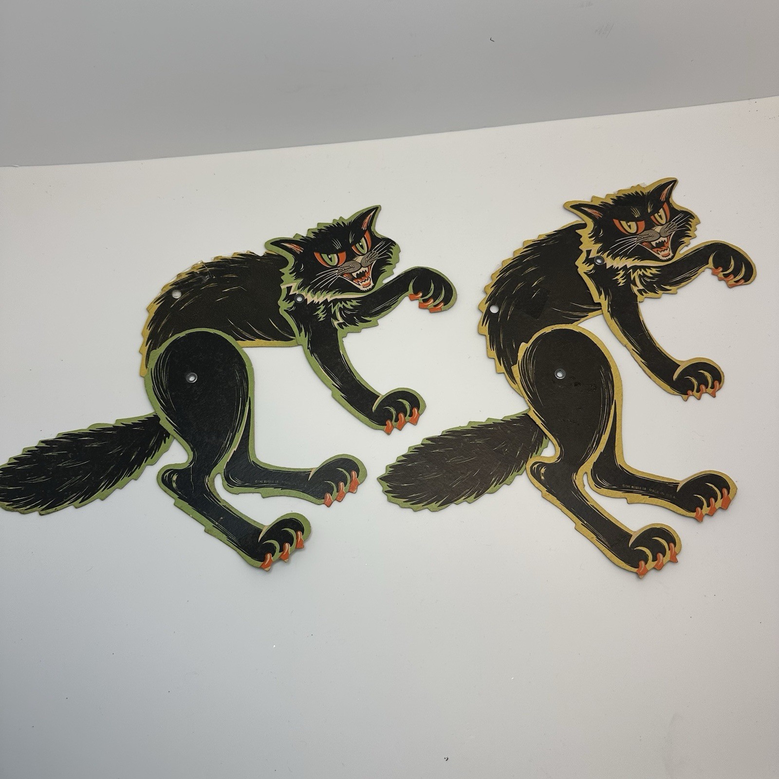 Vintage Beistle Halloween Jointed Black Cats Green Edge Die Cut Lot of 2 USA