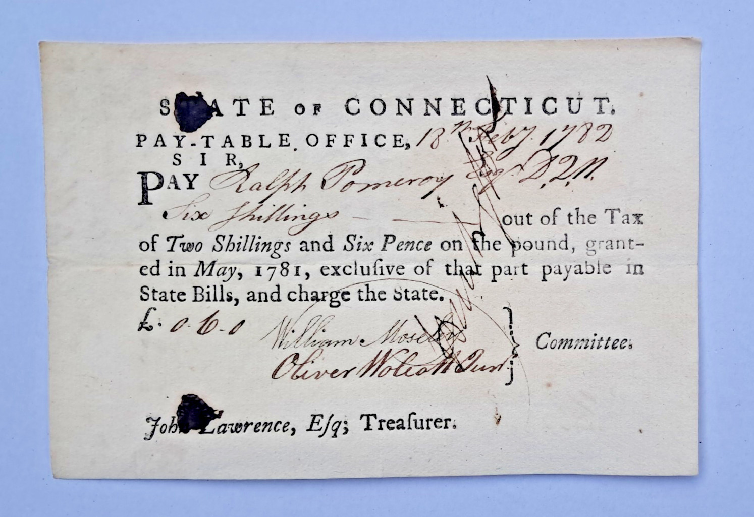 1782 Pay Document Signed Rev War General Jediah Huntington, Wm Mosely, O Wolcott