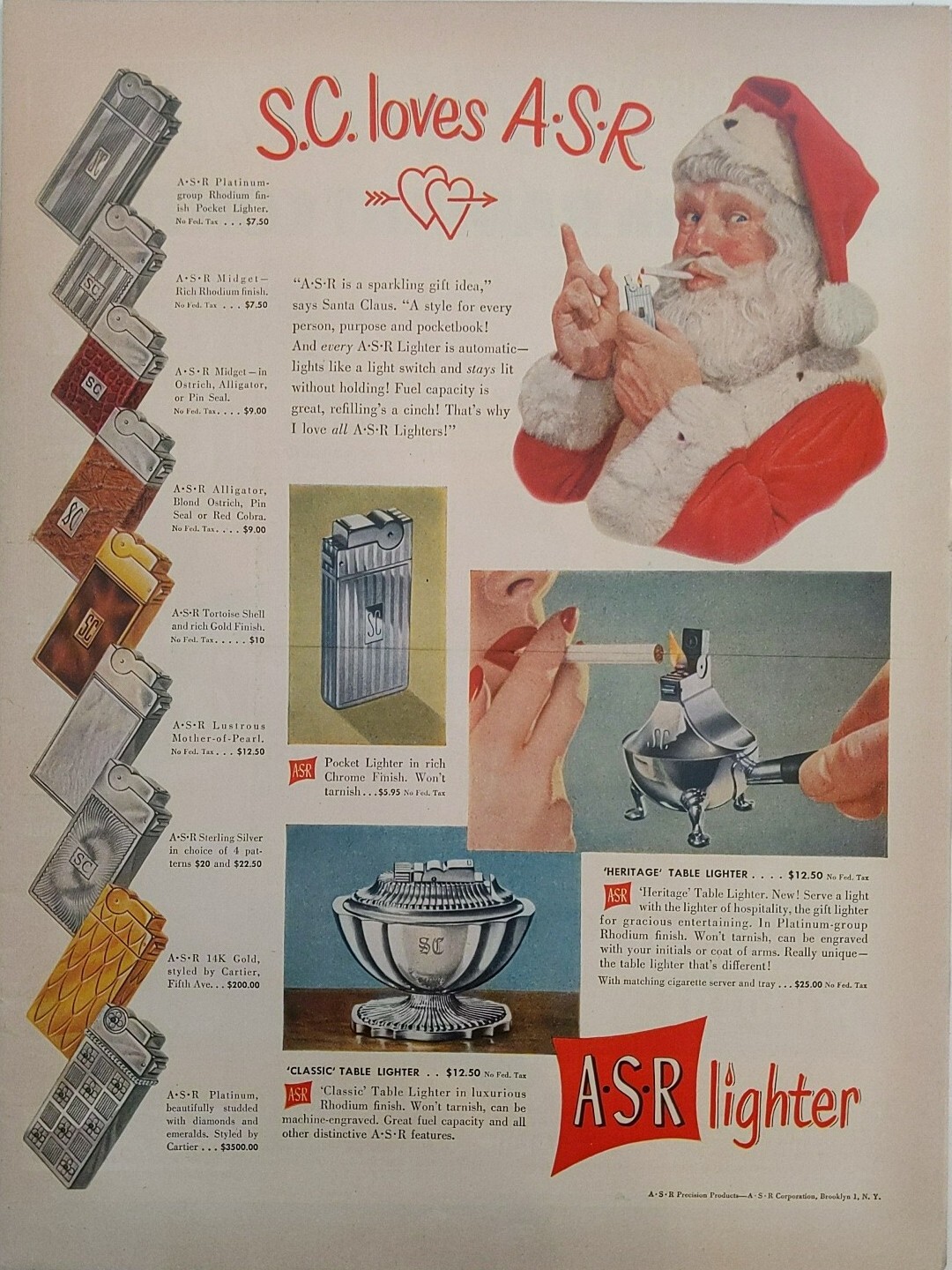 1949 ASR lighter print ad. Santa Claus ad. Post World War II.