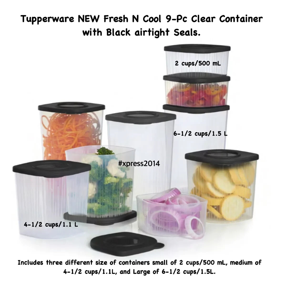 NEW TUPPERWARE Fresh N Cool Containers 9-Pc Starter Set - Black Lids meal prep