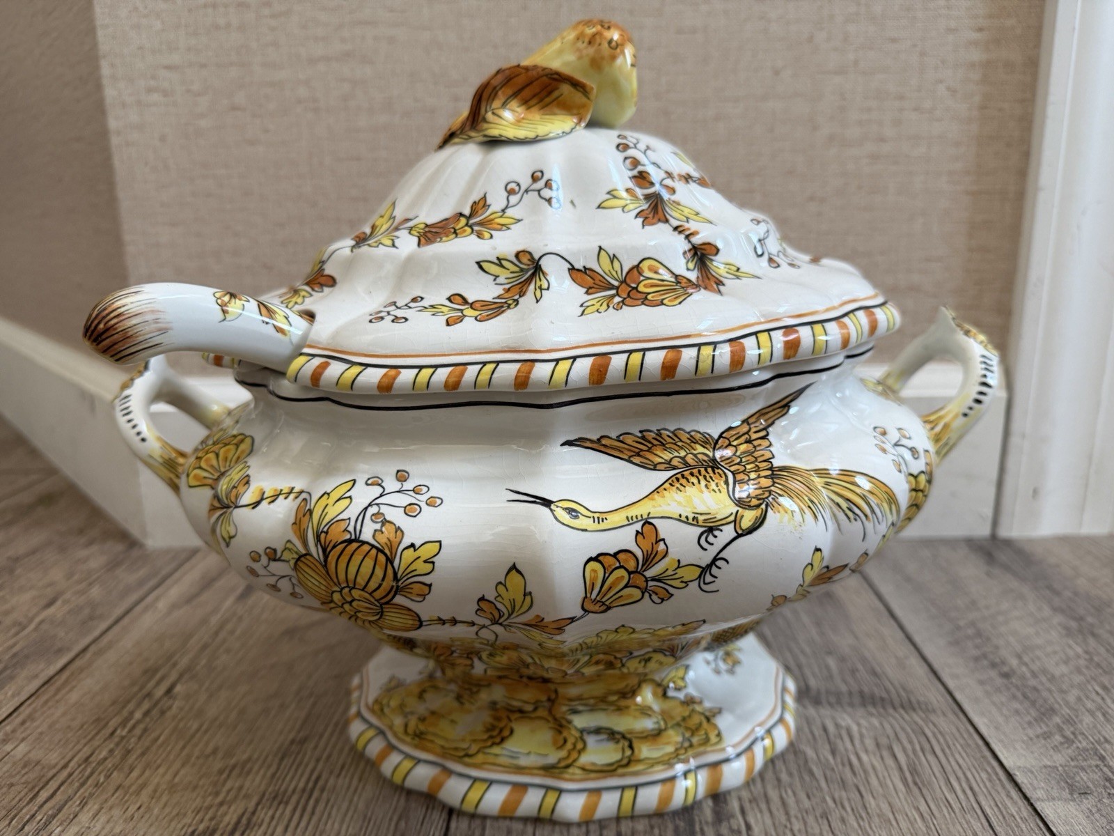 Vintage Italian Majolica Soup Tureen Pear Finial Bird Hand Painted w Ladle