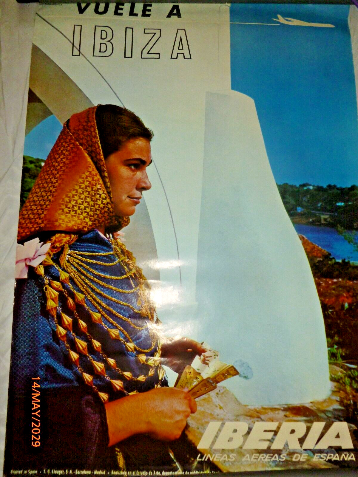Vintage 1966 Iberia Airlines Ibiza Spain Travel Poster A Moreno Spanish 39x24 Vintage 1966 Iberia Airlines Ibiza Spain Travel Poster A Moreno Spanish 39x24