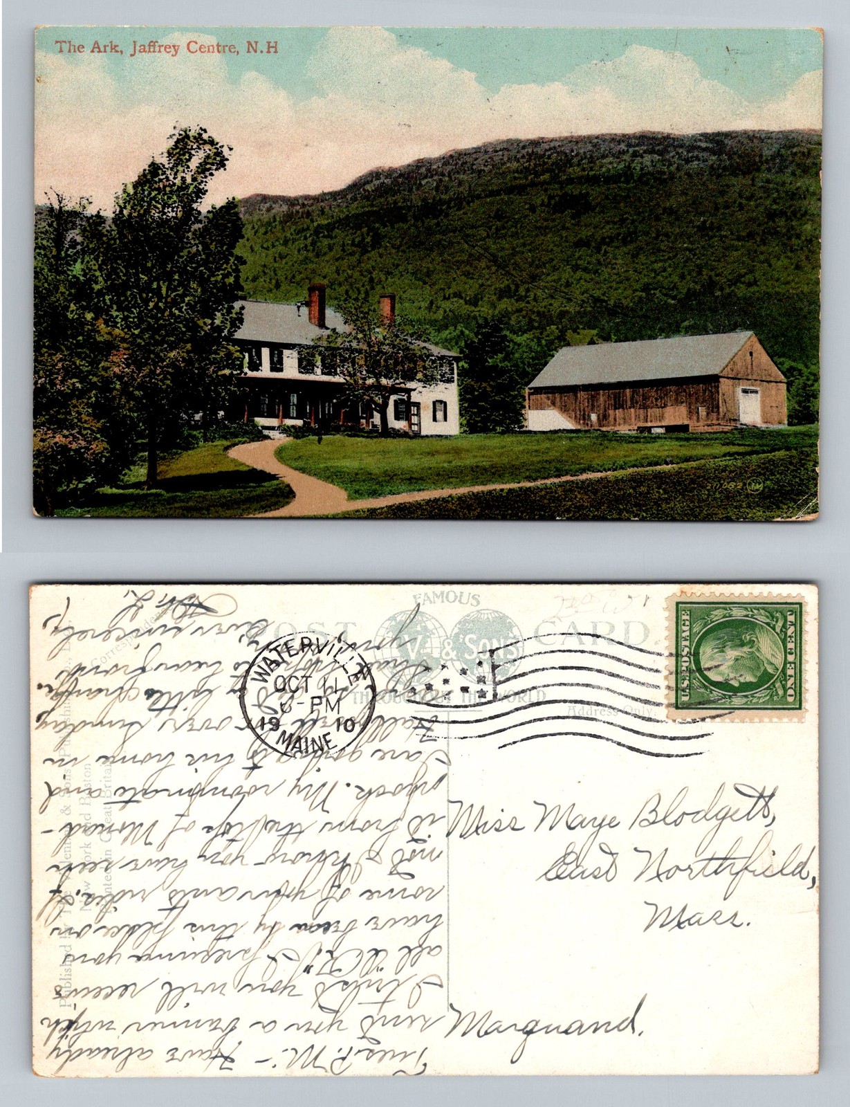 Jaffrey Centre, NH-New Hampshire, Ark Farmhouse & Barn Vintage c1910 Postcard