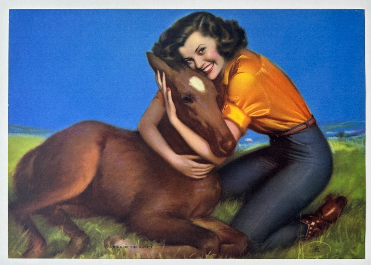 Pride of the Ranch, Vintage Rolf Armstrong Pin-Up Print, Brunette Hugging Horse
