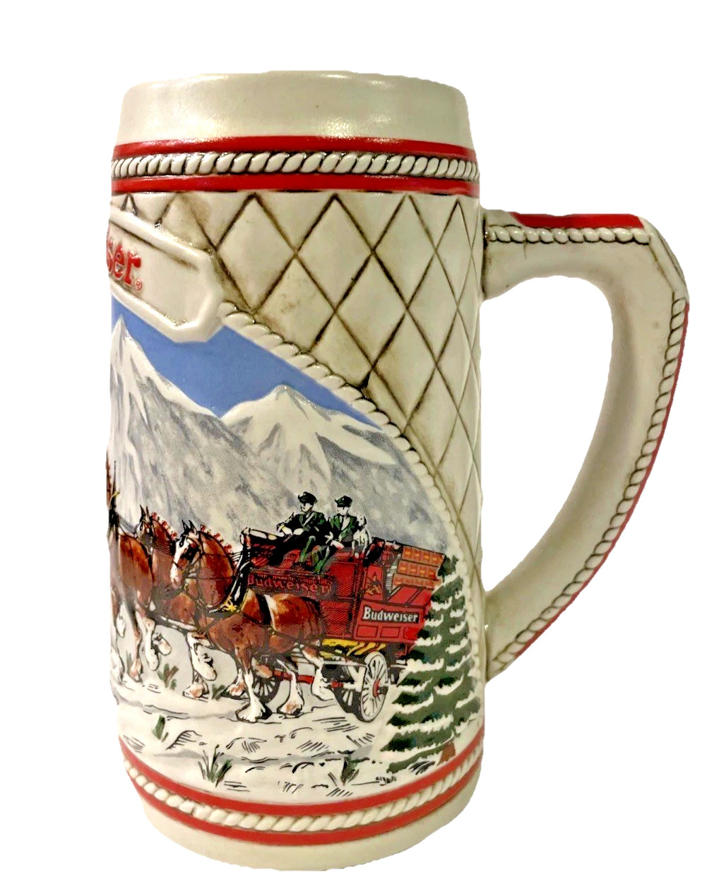 Budweiser Holiday Stein Mug A Series Clydesdales Snow Capped Mountains 1985 READ