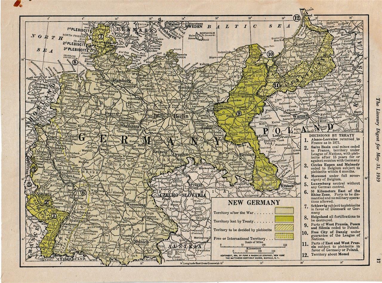 Original 1919 map of Germany showing Treat Decisions