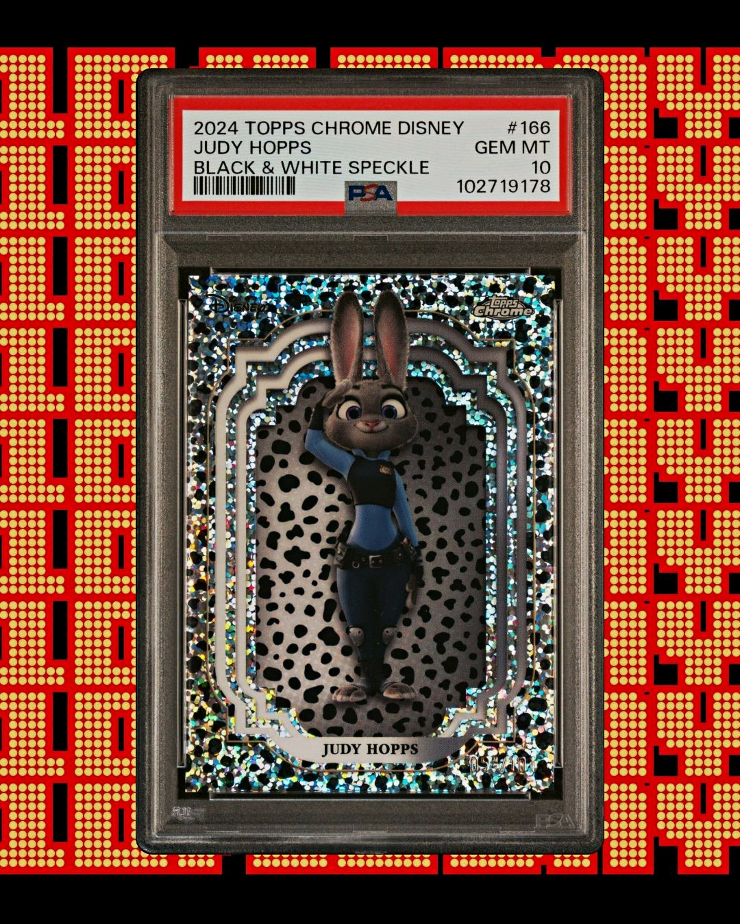Topps 2024 Chrome Disney Judy Hopps #166 Black & White Speckle PSA 10 Serialized Topps 2024 Chrome Disney Judy Hopps #166 Black & White Speckle PSA 10 Serialized
