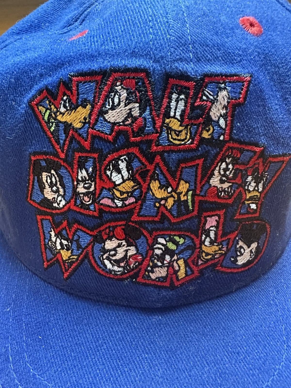 VTG NWT Walt Disney World Blue Brushed Cotton Baseball Cap Block Lettering NOS