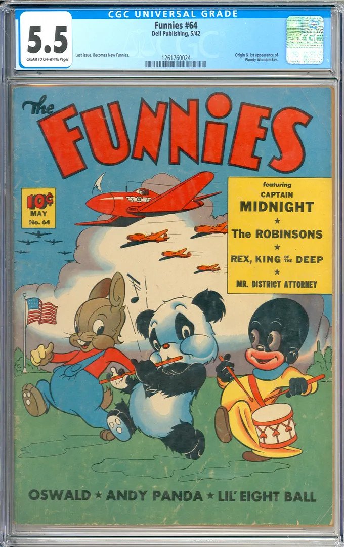 Funnies #64 RARE Origin & 1st App. Woody Woodpecker Golden Age Dell 1942 CGC 5.5