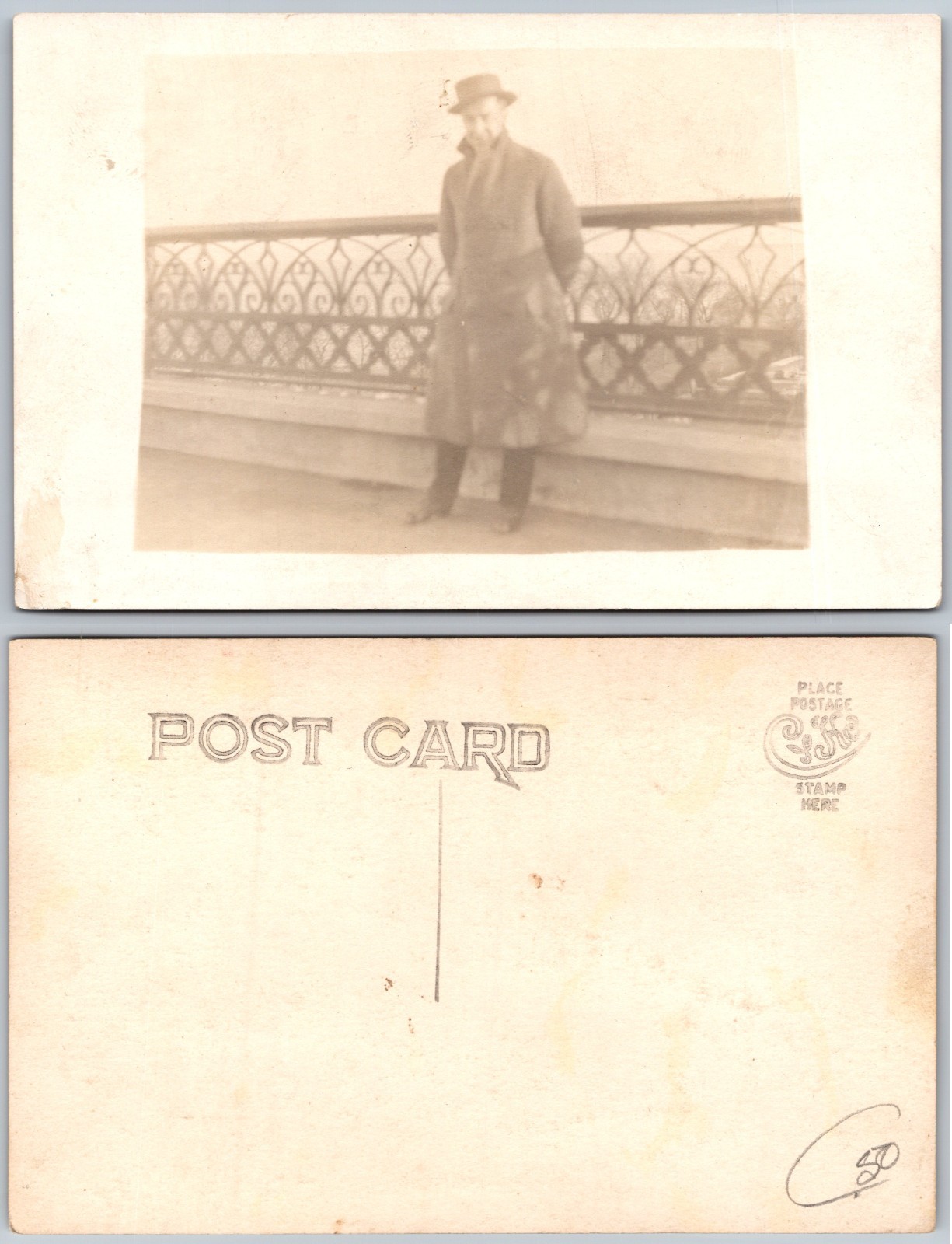 RPPC Man Standing On Ornate Bridge Photo Postcard