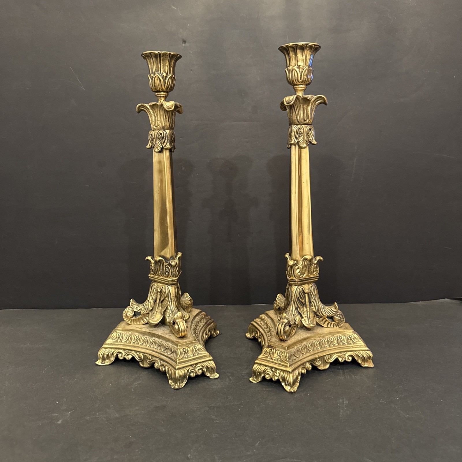 Antique Bronze Ornate Elegant Pair Of Gilt Bronze Candlesticks Stunning 13 3/8”H