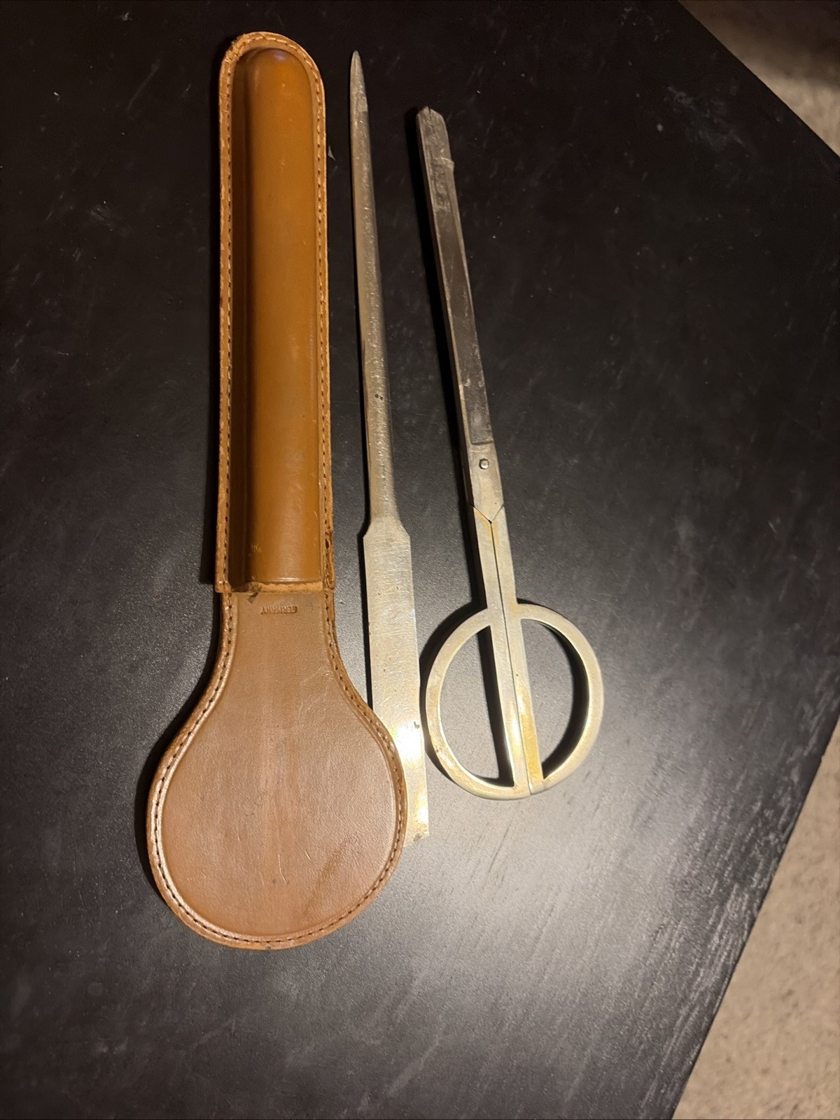 Antique Vtg Germany Letter Opener And Scissors In Decorated Leather Case