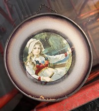 Antique Victorian Glass Flue Cover Girl Portrait Metal Frame Hanging Chain picture