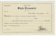 Vintage 1916 Arizona State Treasurer Receipt $387.45 Phoenix Yavapai picture
