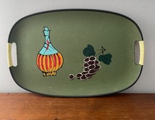 Vintage 60's mid-century modern tray hand painted, green, grapes and wine picture