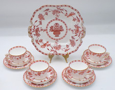 Antique Minton RED Delft 1871 RARE Tea Set 13 Pc Cups Plates Platter picture