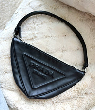 PRADA Black Crescent Shoulder Bag Logo Zip Closure Silver Hardware picture