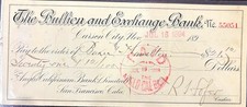 1894 Carson City Nevada Old West Bank Check - The Bullion and Exchange Bank  picture