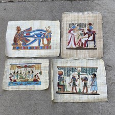 Set of 4 Vintage Egyptian Papyrus Paintings Hand Painted Mythological Art picture