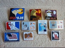 10 Vintage 1980s USPS Patriotic Enamel Stamp Lapel Pins-Eagle, Statue of Liberty picture