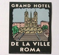Grand Hotel de la Ville Roma ITALY Original 1940s Luggage Label 3.75 x 5.25