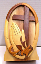 Carver Dan’s Wooden Puzzle Box Hand Carved Praying Hands Cross Solid Wood picture