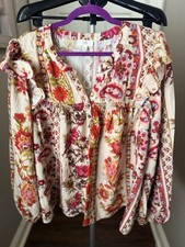 Oddi Women's 3XL Ivory Multicolor Floral Peasant V-Neck Button Ruffle Blouse picture