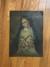 Rare Mexican 19th century Retablo oil painting on tin picture