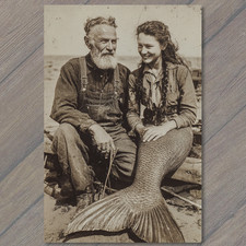 POSTCARD Mermaid Fisherman Seaside Portrait Surreal Mythic Folklore Coastal picture