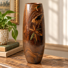 Vintage Japanese Kiri Wood Ikebana Vase Bird Leaf Copper Liner 11.5
