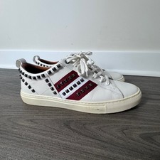 Bally Helvio White Leather Red Side Stripe Gunmetal Pyramid Stud Sneakers 11 D picture