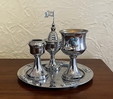 Vintage Judaica Shabbat Havdalah Set Spice Box Tray Candlesticks Kiddush Cup picture