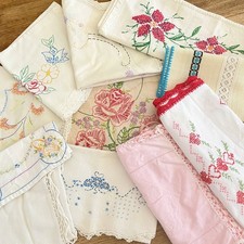 Vintage lot of 11 Embroidered Table Cloth Runner Linen *Flawed for cutting  picture