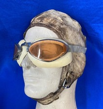 Vintage 1920s -1940s Airmail Pilot Aviator Flight Helmet Leather Cap w/Goggles picture