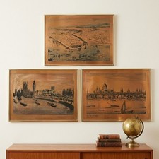 Set of 3 VTG Mid-Century Copper Foil Art Panoramas London & NYC Gold Tone Frame picture