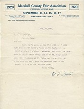 DATED 1920 MARSHALLTOWN IA THEIR 15TH ANNUAL COUNTY FAIR LETTER picture
