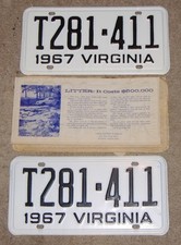 VINTAGE MATCHED PAIR 1967 VIRGINIA LICENSE PLATES-T281411-NOS- MINT- DMV CLEAR picture