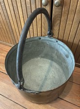 Antique Copper Tin-Lined Hearth Cauldron with Hand-Forged Iron Handle picture