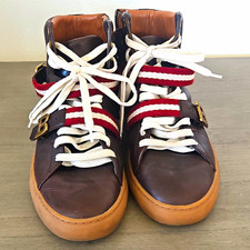 Bally Men's Leather High Top Sneakers Brown/Tan Red/White Stripe Strap picture