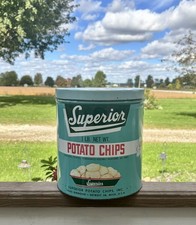 Rare Vintage Superior Potato Chip Detroit Michigan Tin Turquoise/Teal 1lb -Empty picture