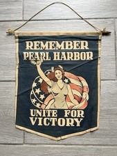 Vintage WWII Remember Pearl Harbor patriotic cloth wall banner W/ Lady Liberty picture