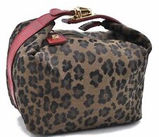 Authentic FENDI Leopard Pattern Hand Bag Pouch Canvas Leather Brown Red 3538A picture