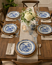 Set of 6 Chinese Blue & White Porcelain Plates, Landscape Pagoda Motif Mark picture